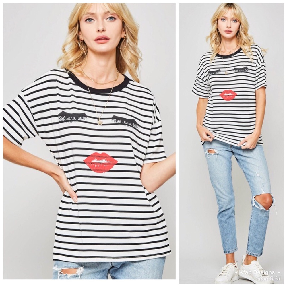 💋LAST 1! Striped “Lips and Eyes” Graphic Top! - Picture 5 of 8